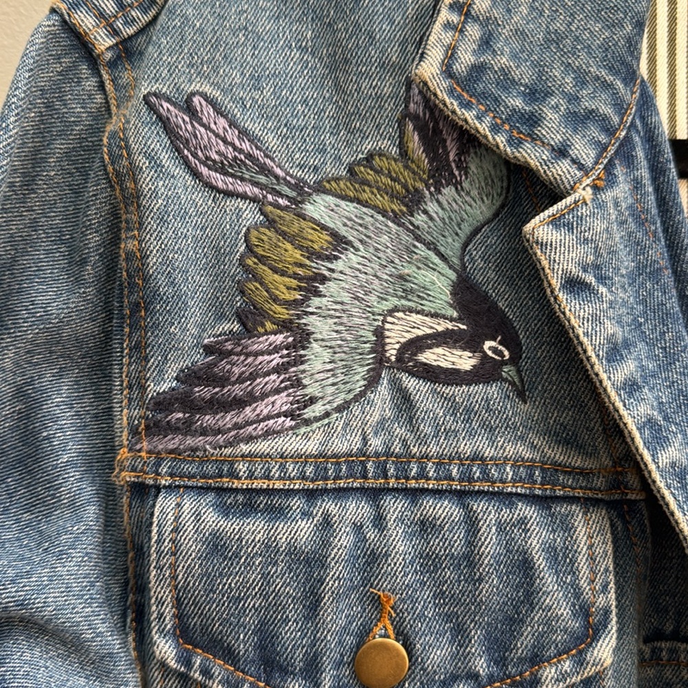 Embroidered floral denim jean jacket. Magnolia South Lizard Thicket. Size small. - Picture 3 of 11